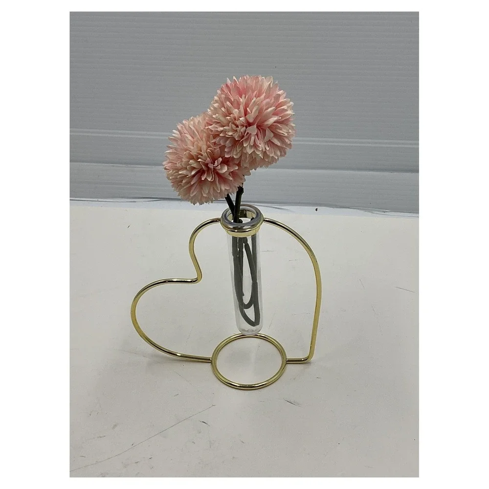 Unbranded‎ Gold Metal Heart Bud Vase Pink Artificial Pom Pom Arrangement 8
